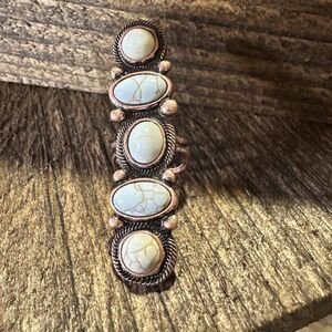 Western Boho Hippie Copper Circle & Oval Semi Stone Pave Linear Bar Cuff Ring: